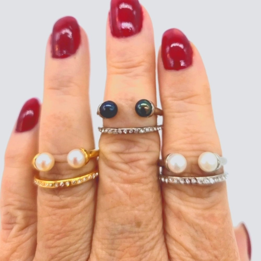 Vita Fede 24k Gold-Plated Band Ring with 2 Pearls Swarovski Crystals New